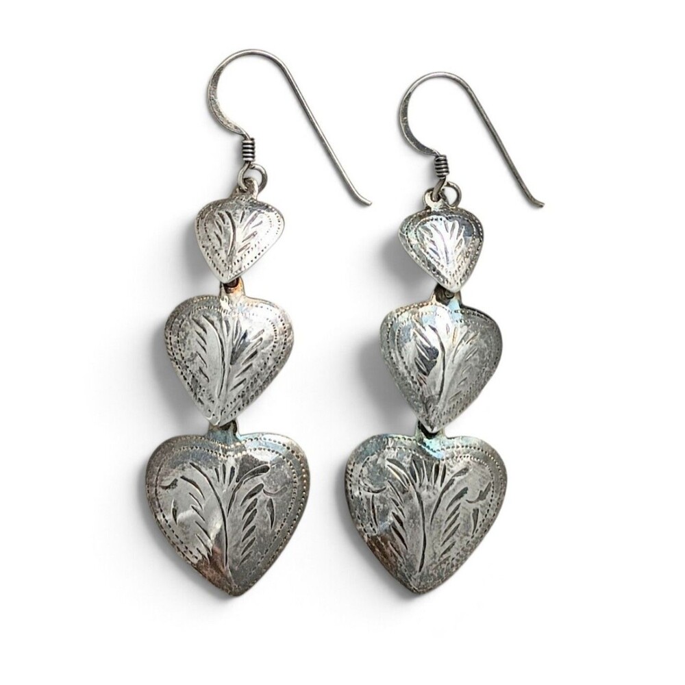 Vintage Etched 925 Sterling Silver Tiered Graduating Heart Dangle Earrings